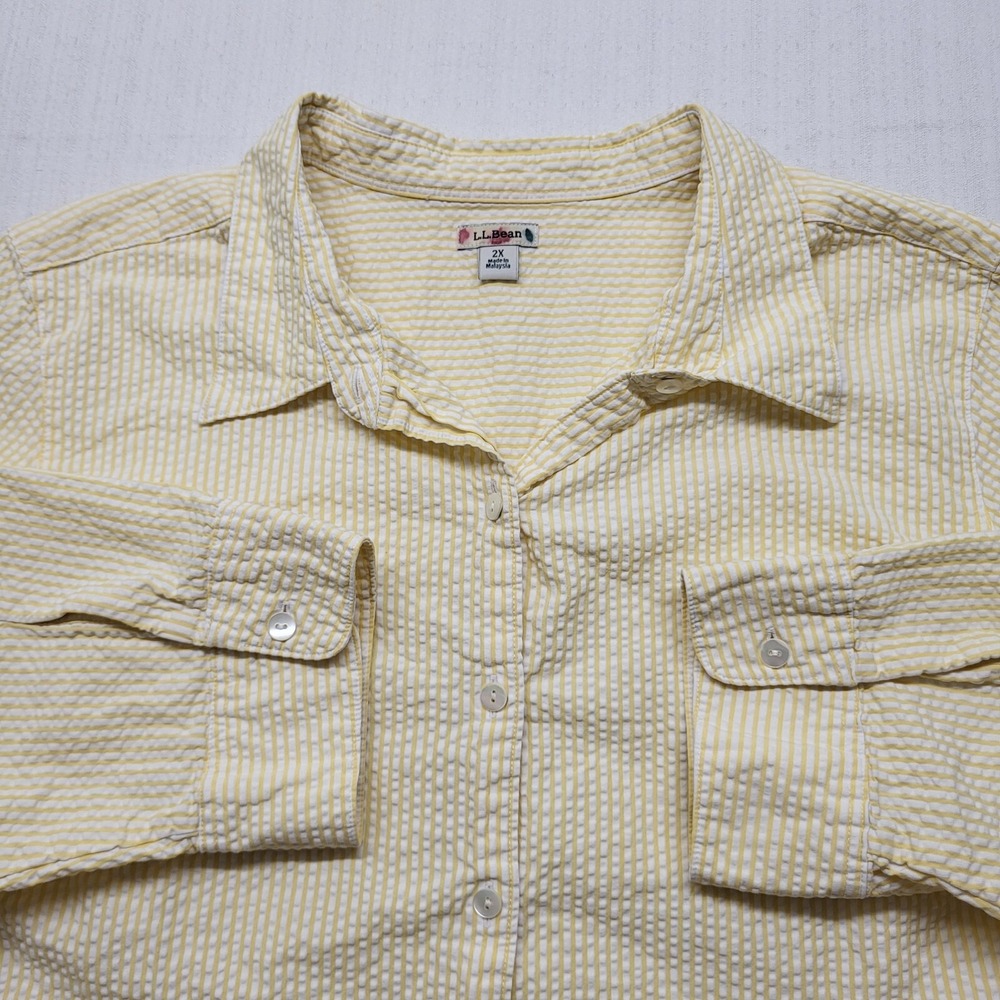 LL Bean Seersucker Shirt Womens 2X Yellow Stripe 3/4 Sleeve Preppy Coastal